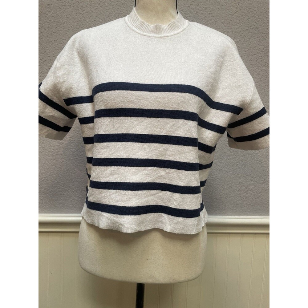 Abercrombie Spongy Mock Neck Striped Short Sleeve Sweater S Cream Navy Boxy Knit